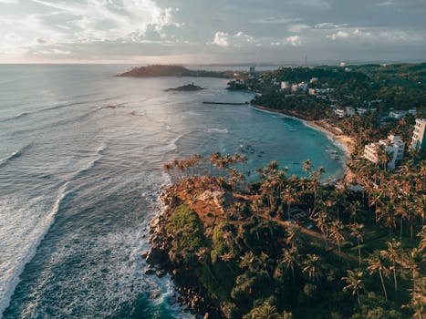 Stunning aerial view of Sri Lankan coastline with waves, cliffs, and lush palm trees at sunset.