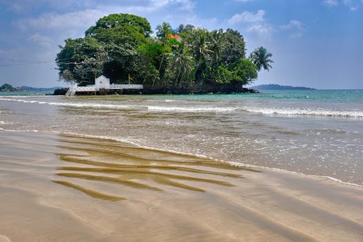 Stunning view of a Sri Lankan island with lush trees and tranquil waves, perfect for relaxation.
