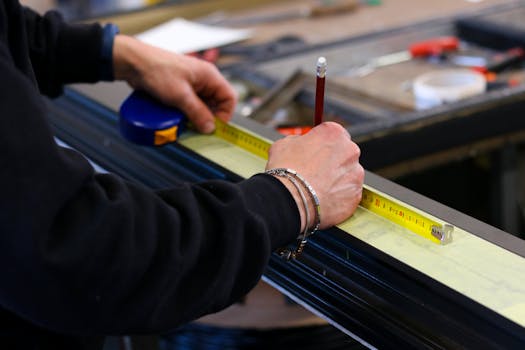 A worker measuring aluminum with a tape measure in a workshop, showcasing precision and craftsmanship.