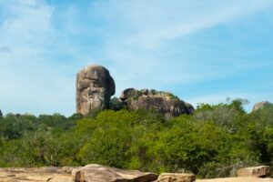 Stunning rock formations amidst lush greenery in Hambantota, Sri Lanka under a clear blue sky.